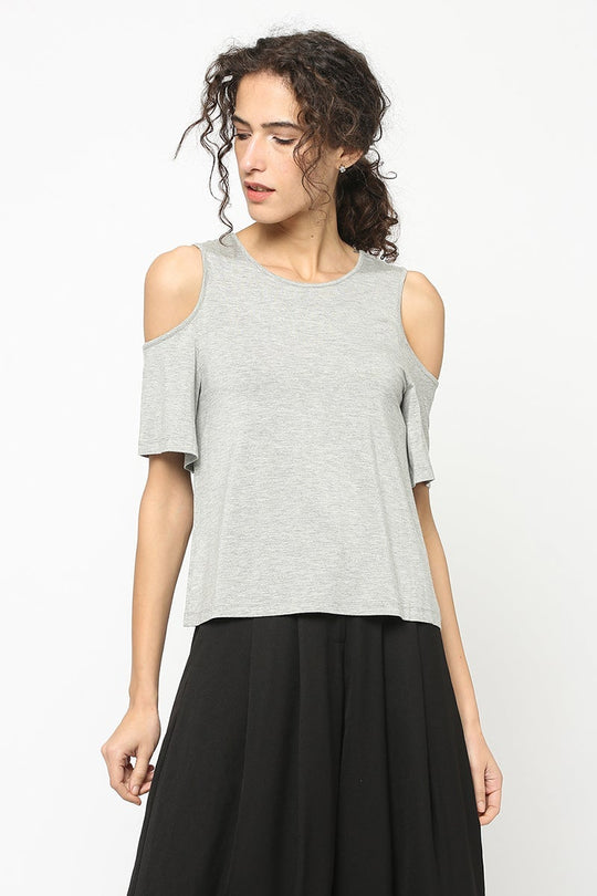 Grey Medium Length Round Neck Cotton Blouse