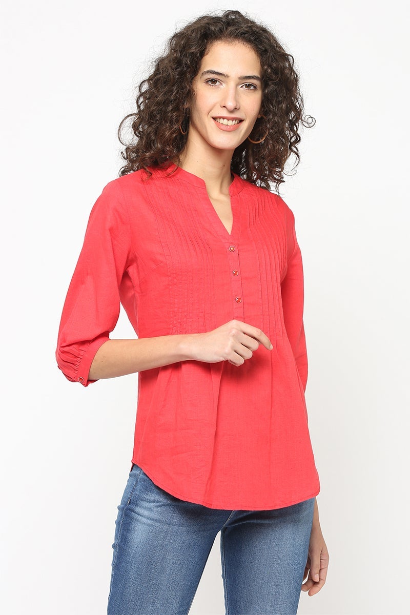 Gipsy Women Coral Round neck with V cut 3/4 Quarter Sleeves Tunic
