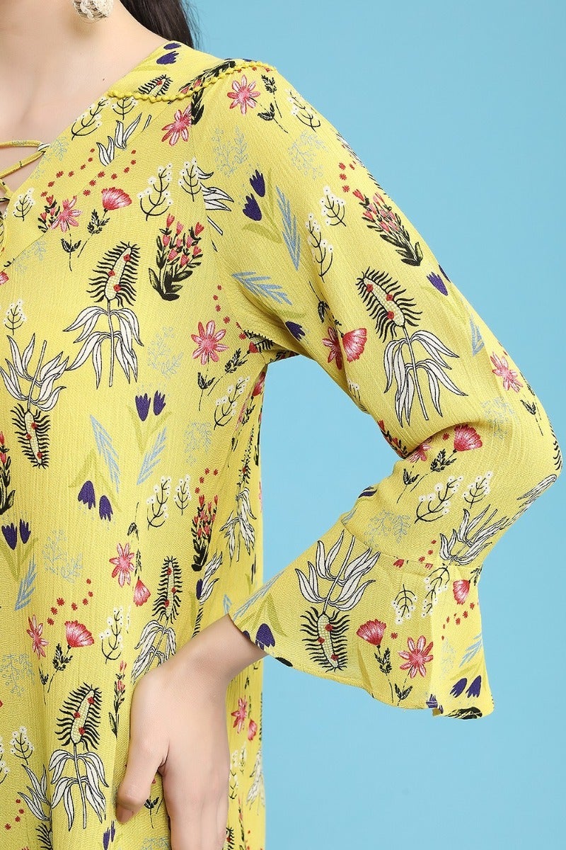 Yellow Lace-Up Printed Tunic