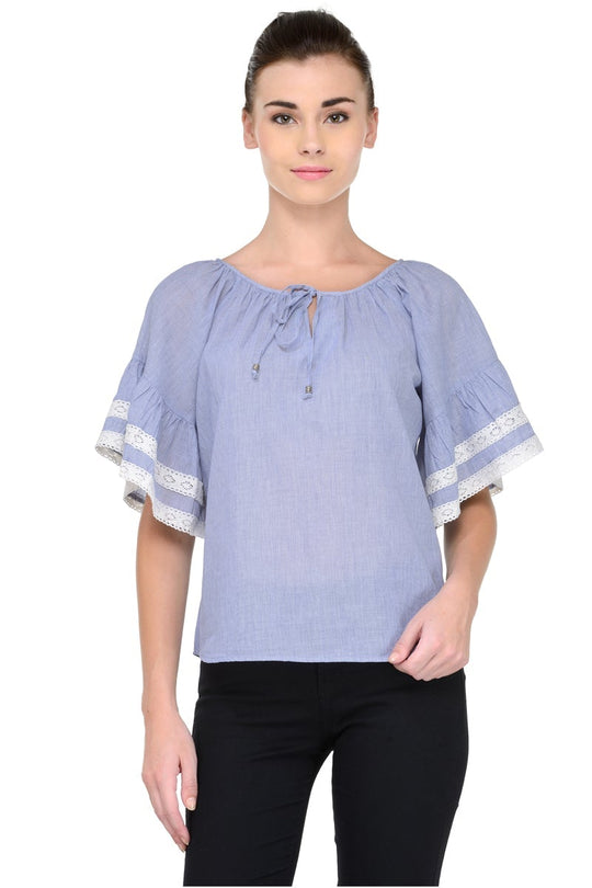 Gipsy Women Blue Round Neck with dori Half Ruffle Sleeves Top