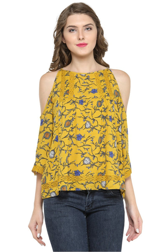 Gipsy Women Mustard Boat Neck 3/4 Quarter Sleeves Top