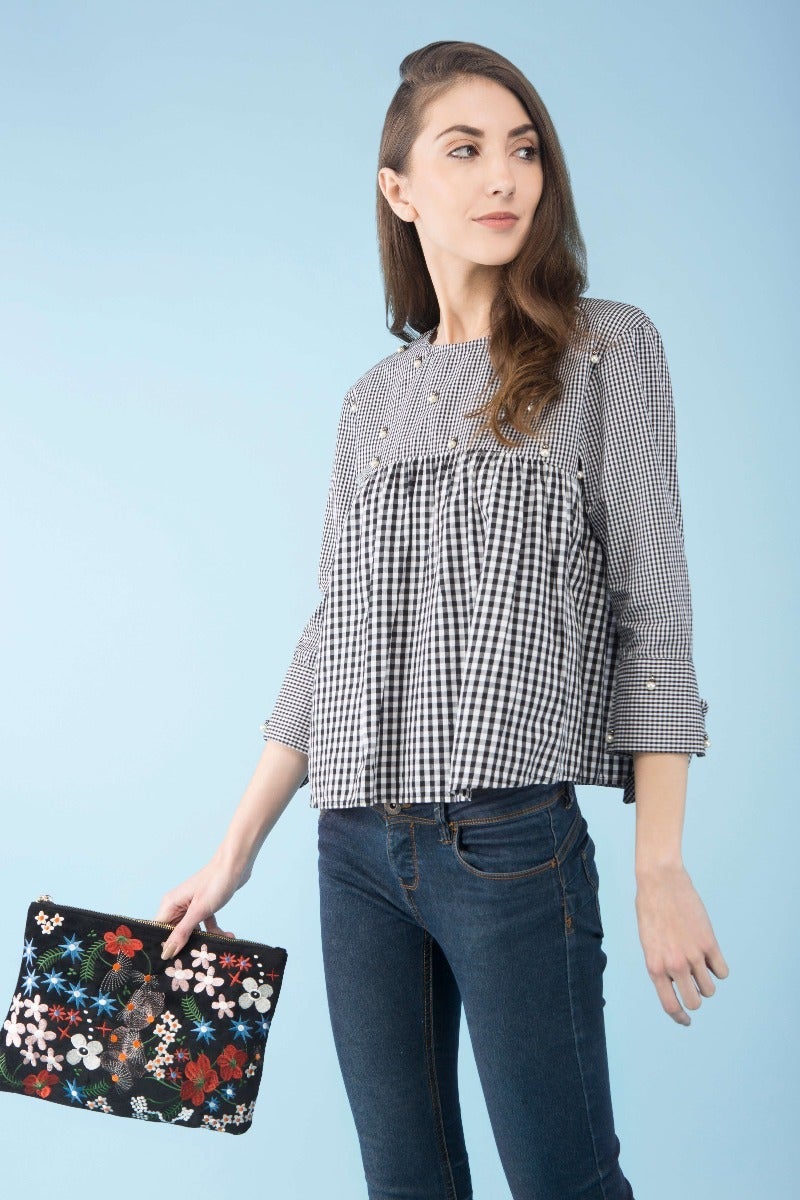 Check print tie-sleeve cotton top