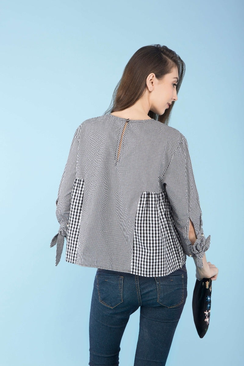 Check print tie-sleeve cotton top