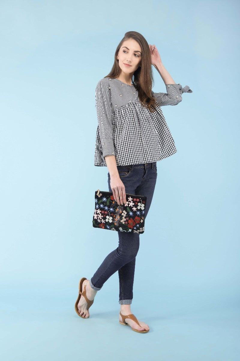 Check print tie-sleeve cotton top