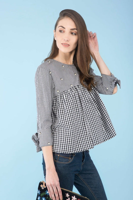 Check print tie-sleeve cotton top