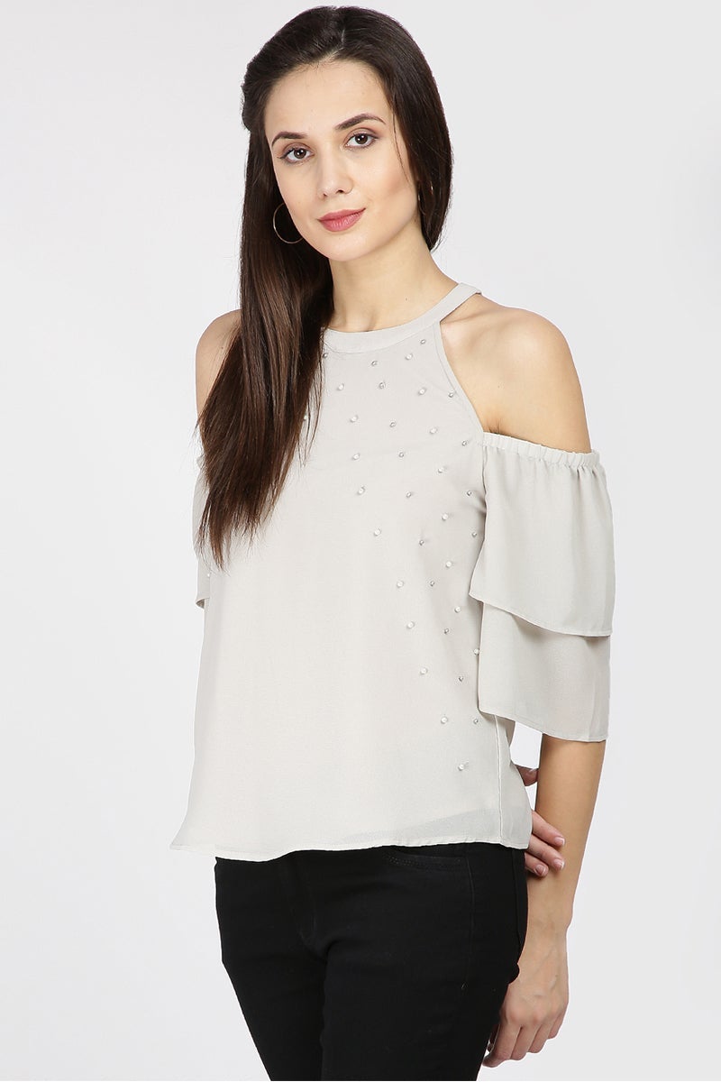 Gipsy Women Silver Grey Round Neck Should Off Half Sleeves Top