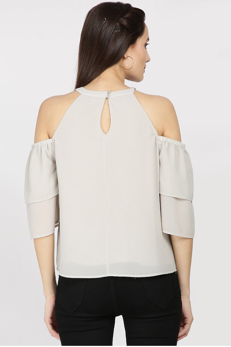 Gipsy Women Silver Grey Round Neck Should Off Half Sleeves Top