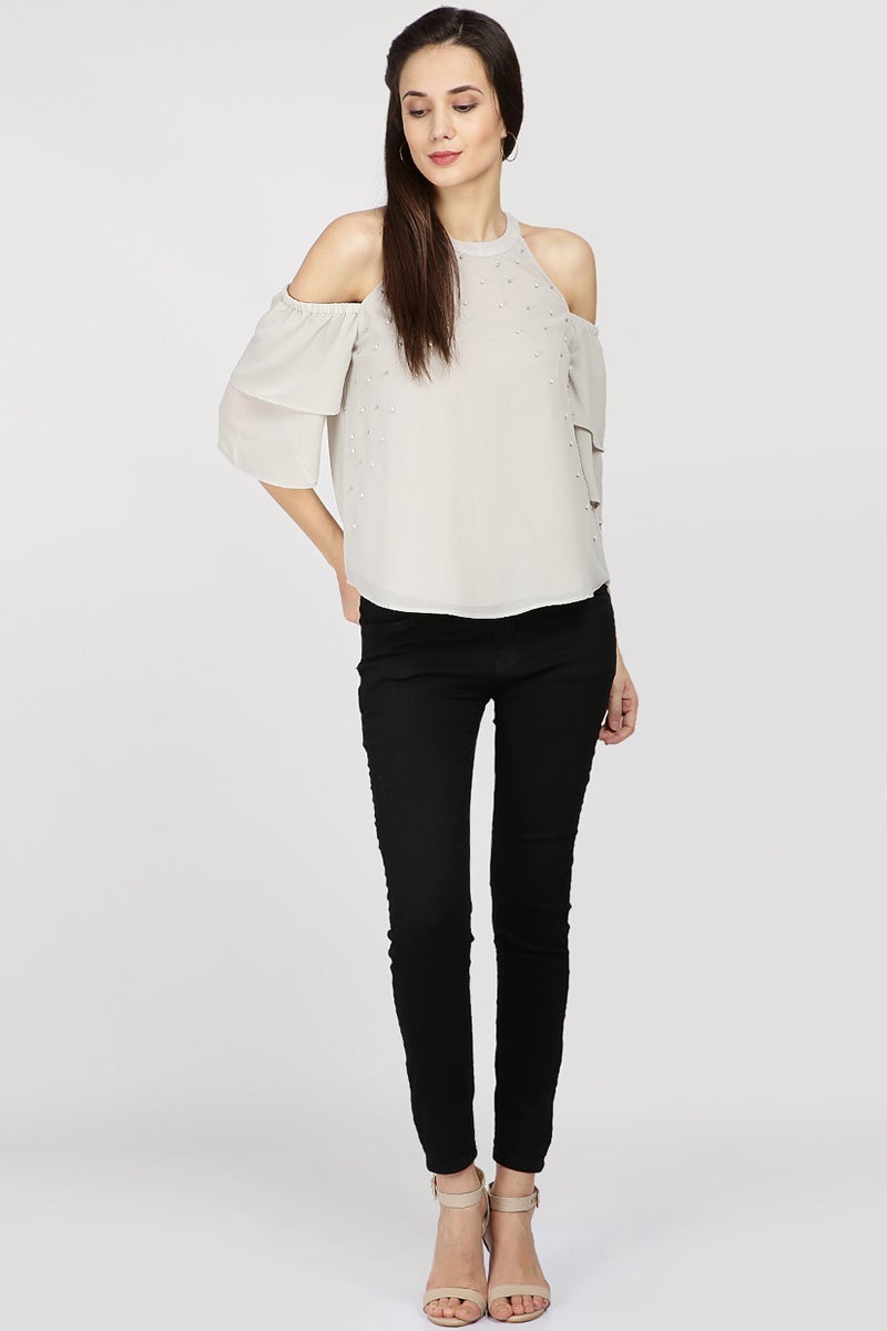 Gipsy Women Silver Grey Round Neck Should Off Half Sleeves Top