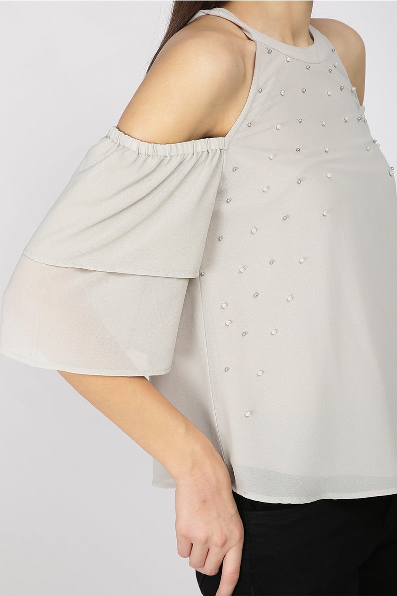Gipsy Women Silver Grey Round Neck Should Off Half Sleeves Top