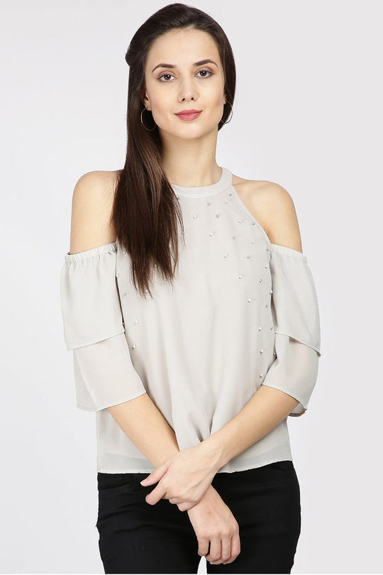 Gipsy Women Silver Grey Round Neck Should Off Half Sleeves Top