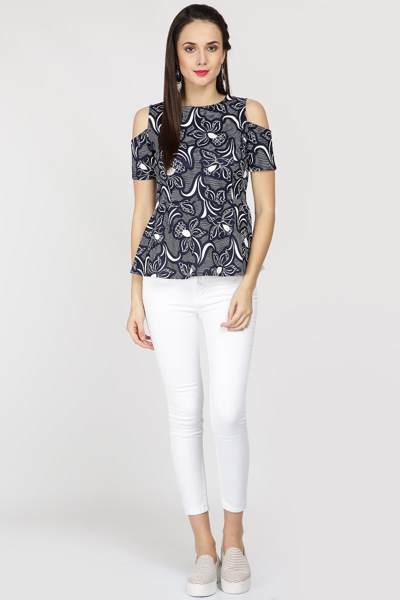 Gipsy Women Navy Round neck Half Sleeves Tops