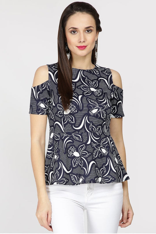 Gipsy Women Navy Round neck Half Sleeves Tops