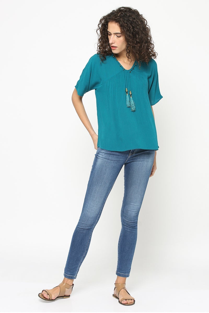 Gipsy Women Teal V Neck Half Sleeves Top
