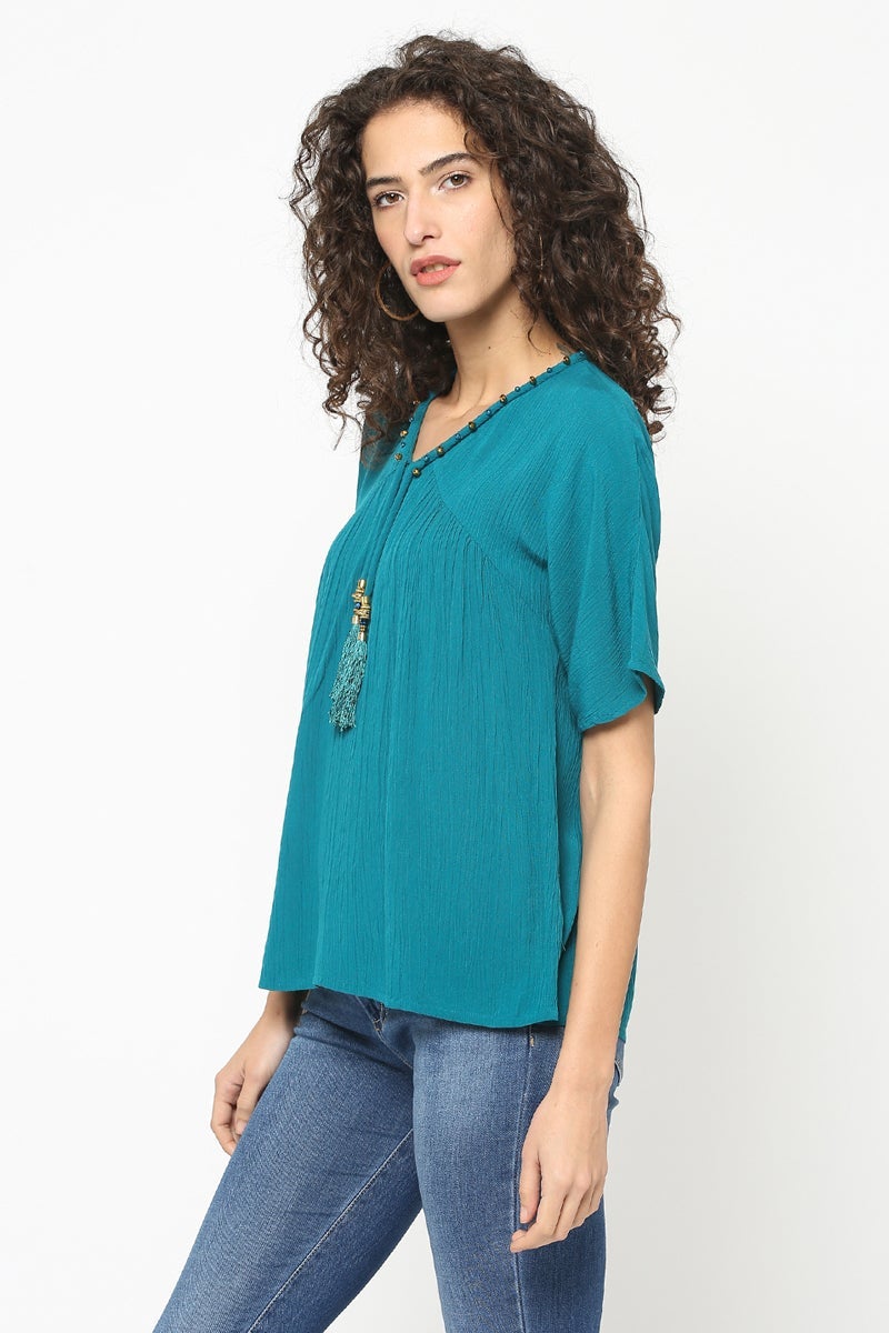 Gipsy Women Teal V Neck Half Sleeves Top