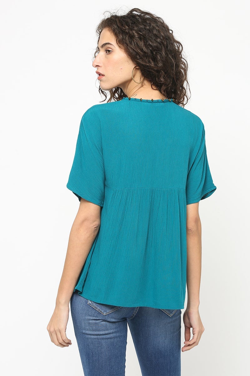 Gipsy Women Teal V Neck Half Sleeves Top