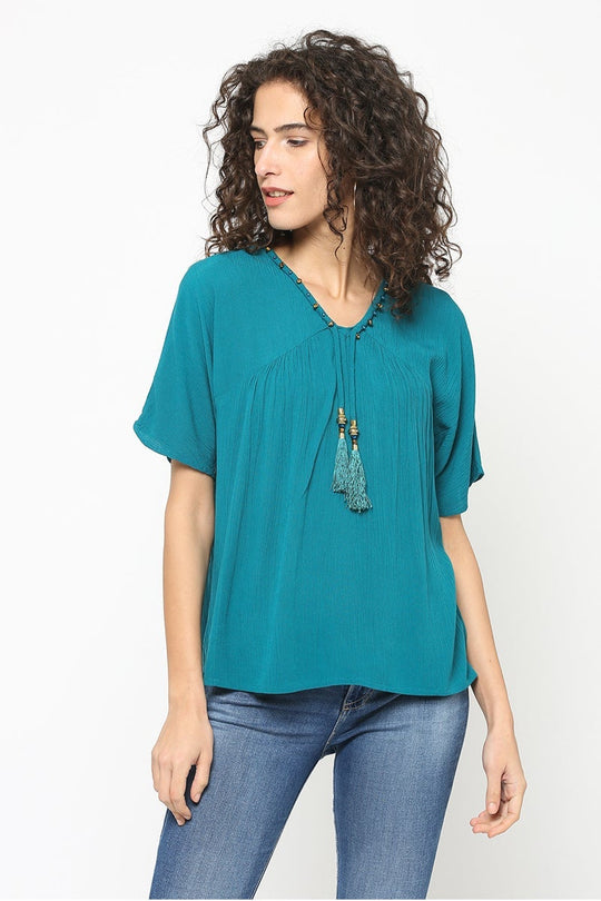 Gipsy Women Teal V Neck Half Sleeves Top