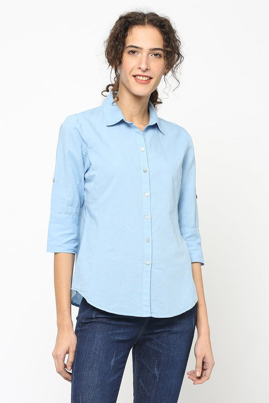 Gipsy Women Blue Collar Neck 3/4 Quarter Sleeves Top