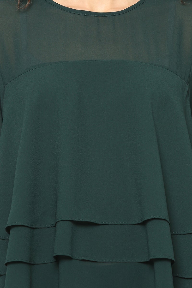 Green Medium Length Round Neck Polyester Blouse