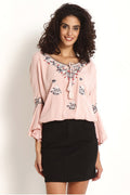 Gipsy Women Dusky Pink Round Neck with dori 3/4 Quarter Ruffle Sleeves Top