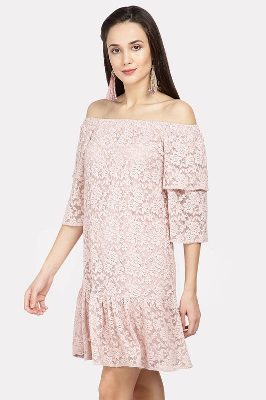 Gipsy Women Dusky Pink Off shoulder Half Ruffle Sleeves Dress