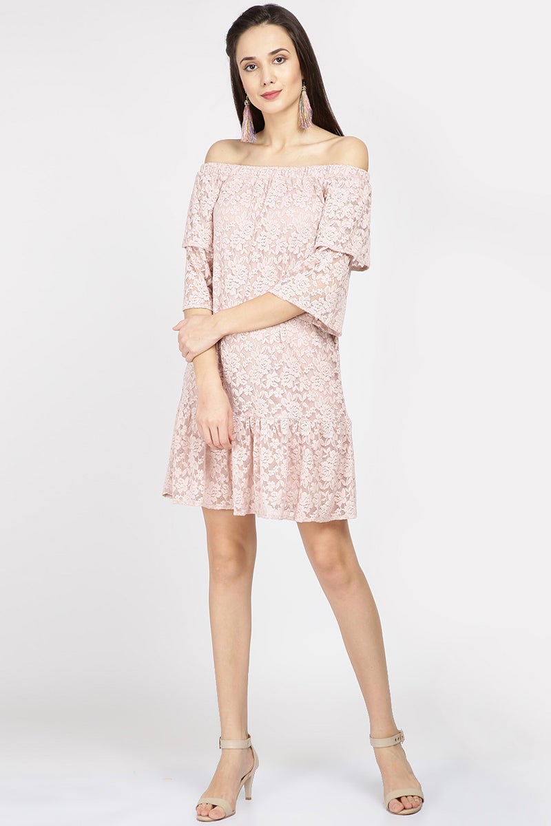 Gipsy Women Dusky Pink Off shoulder Half Ruffle Sleeves Dress