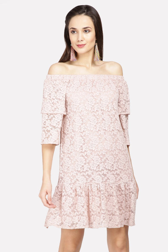 Gipsy Women Dusky Pink Off shoulder Half Ruffle Sleeves Dress