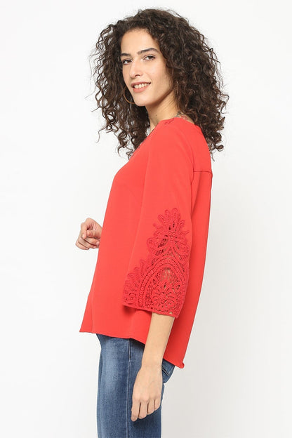 Gipsy Women Red V Neck 3/4 Quarter Sleeves Tunic