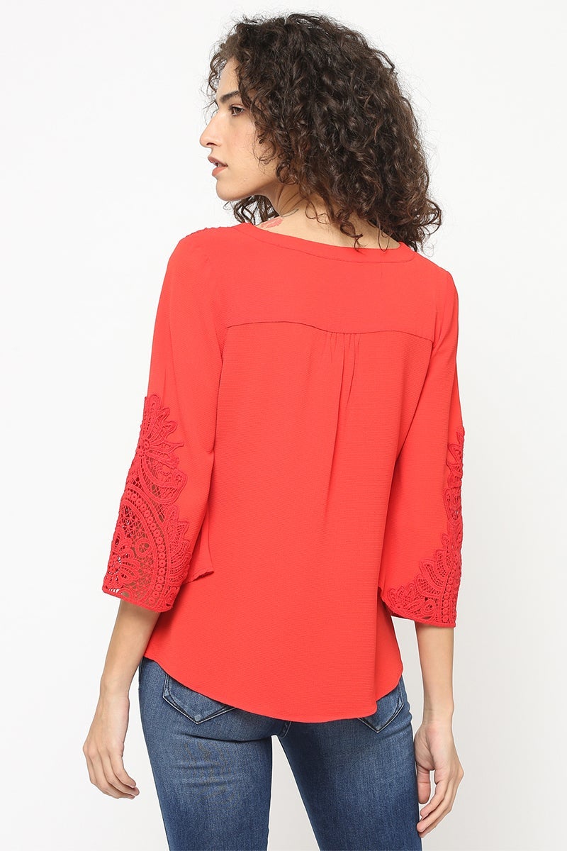 Gipsy Women Red V Neck 3/4 Quarter Sleeves Tunic