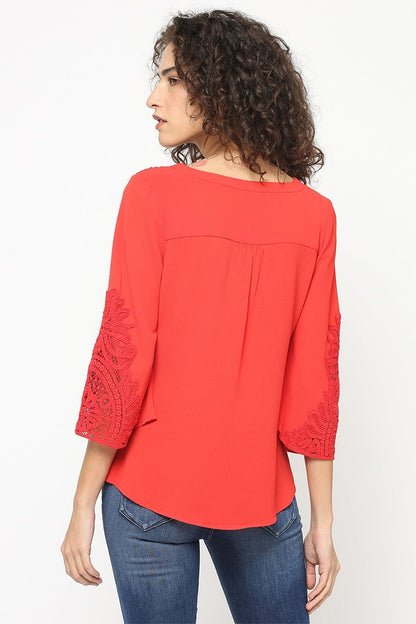 Gipsy Women Red V Neck 3/4 Quarter Sleeves Tunic