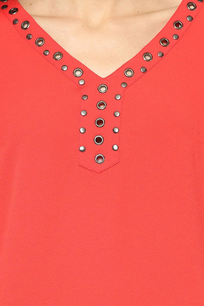 Gipsy Women Red V Neck 3/4 Quarter Sleeves Tunic