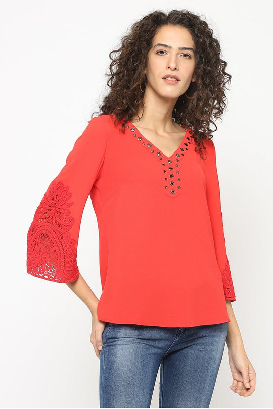 Gipsy Women Red V Neck 3/4 Quarter Sleeves Tunic