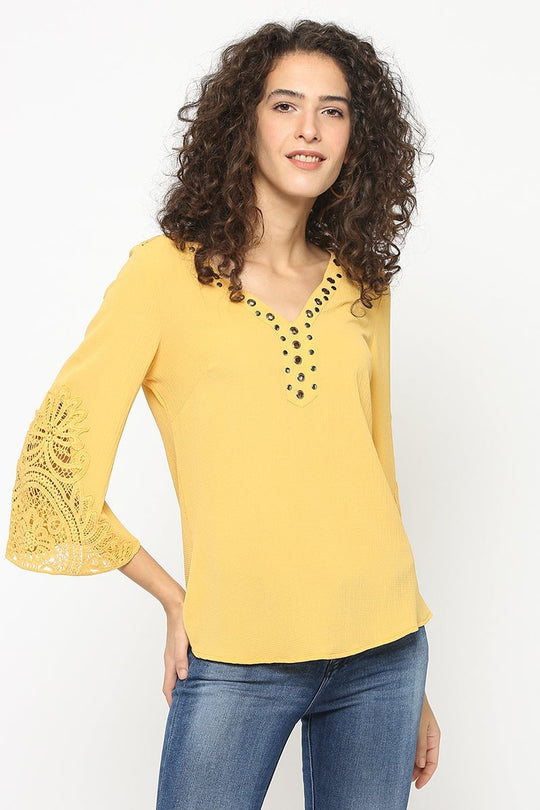 Mustard Medium Length V-Neck Rayon Tunic