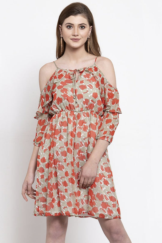 Red Knee Length Tie-Up Neck Polyester Dress