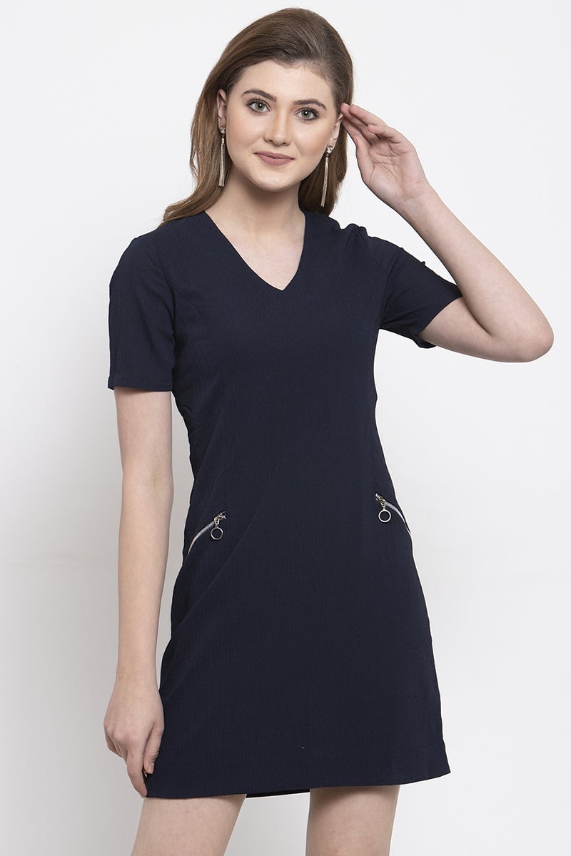 Navy Blue Knee Length V-Neck Polyester Dress