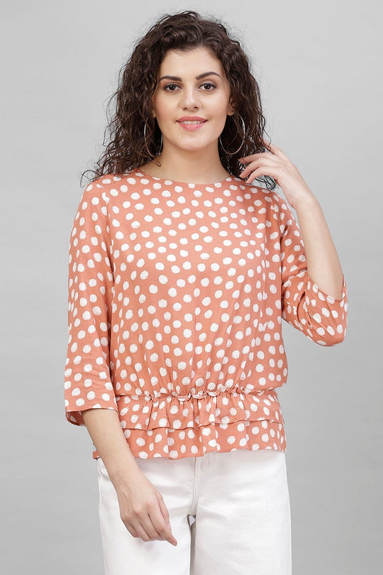 Gipsy Dark Beige Polka Dots Cotton Linen Top