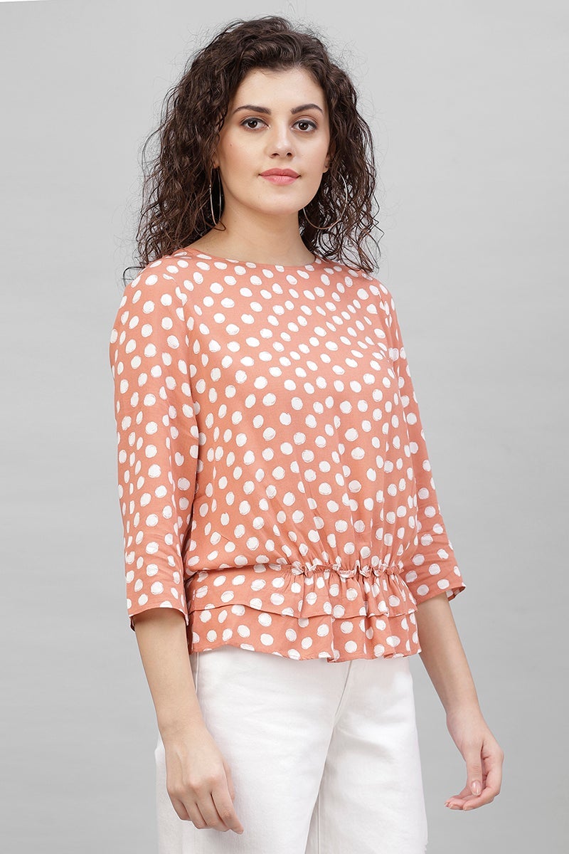 Gipsy Dark Beige Polka Dots Cotton Linen Top