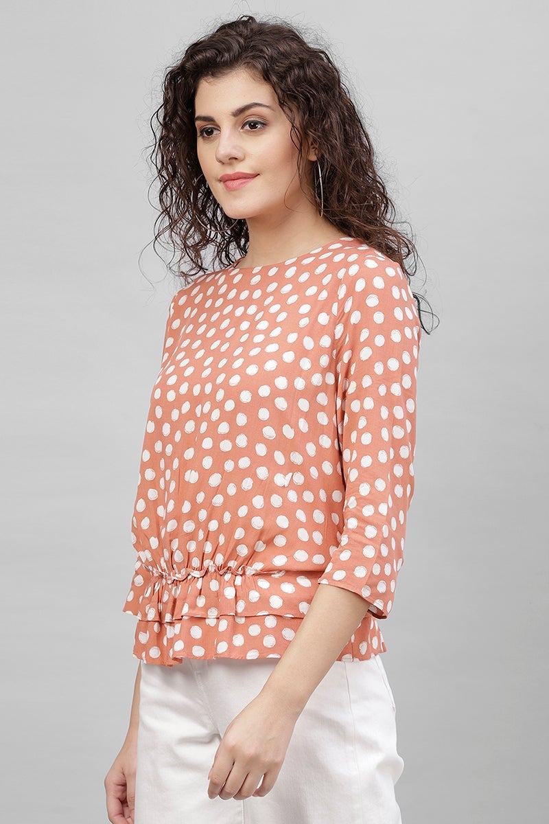 Gipsy Dark Beige Polka Dots Cotton Linen Top