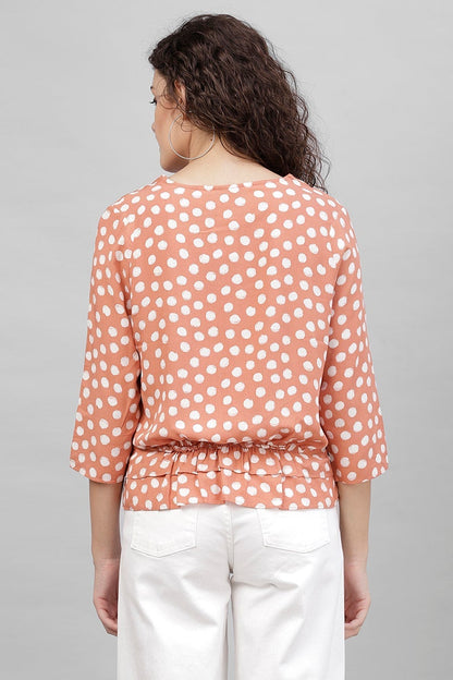 Gipsy Dark Beige Polka Dots Cotton Linen Top