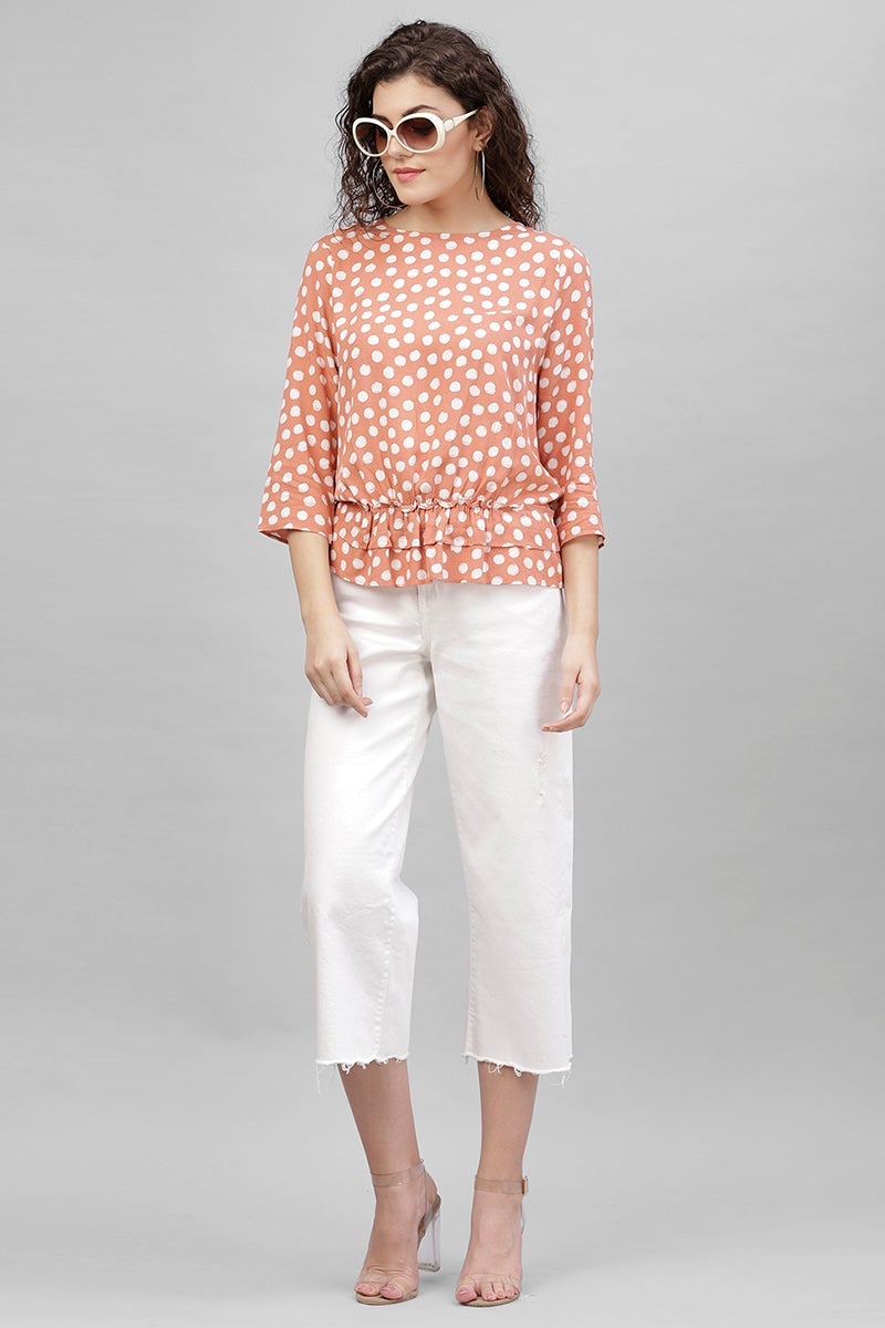 Gipsy Dark Beige Polka Dots Cotton Linen Top