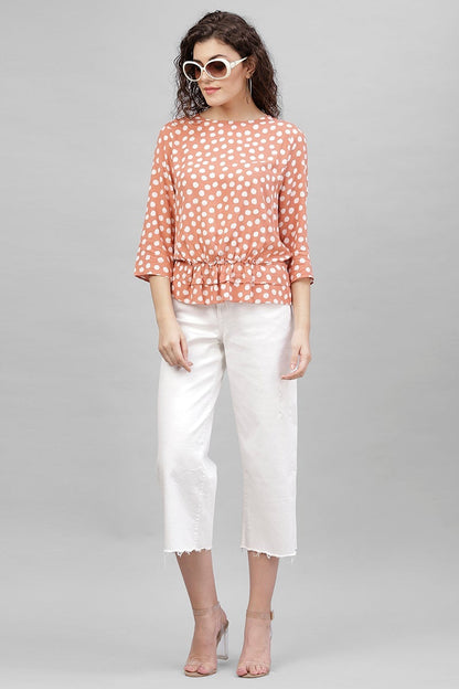 Gipsy Dark Beige Polka Dots Cotton Linen Top