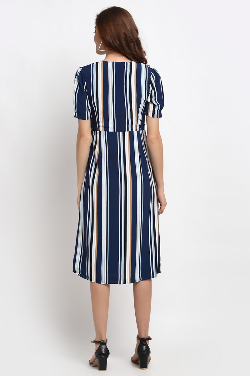 Navy Blue Midi Length V-Neck Synthetics Dress