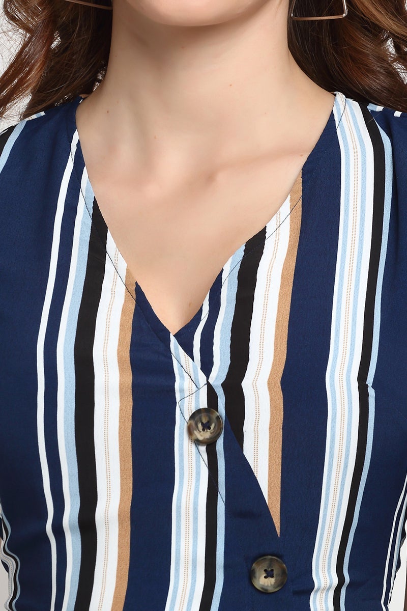 Navy Blue Midi Length V-Neck Synthetics Dress