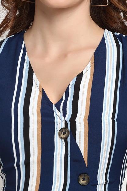 Navy Blue Midi Length V-Neck Synthetics Dress