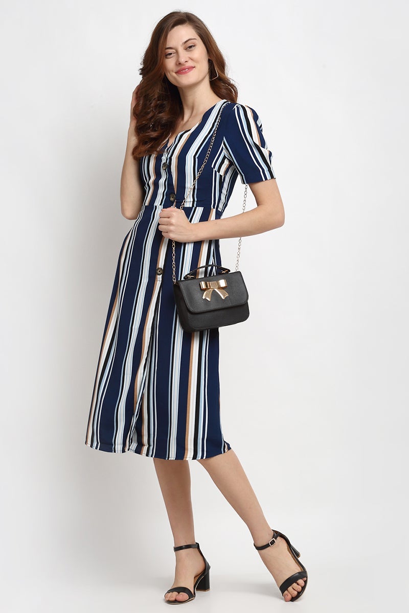 Navy Blue Midi Length V-Neck Synthetics Dress
