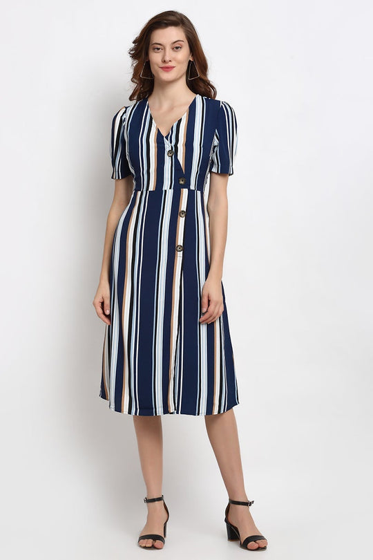 Navy Blue Midi Length V-Neck Synthetics Dress