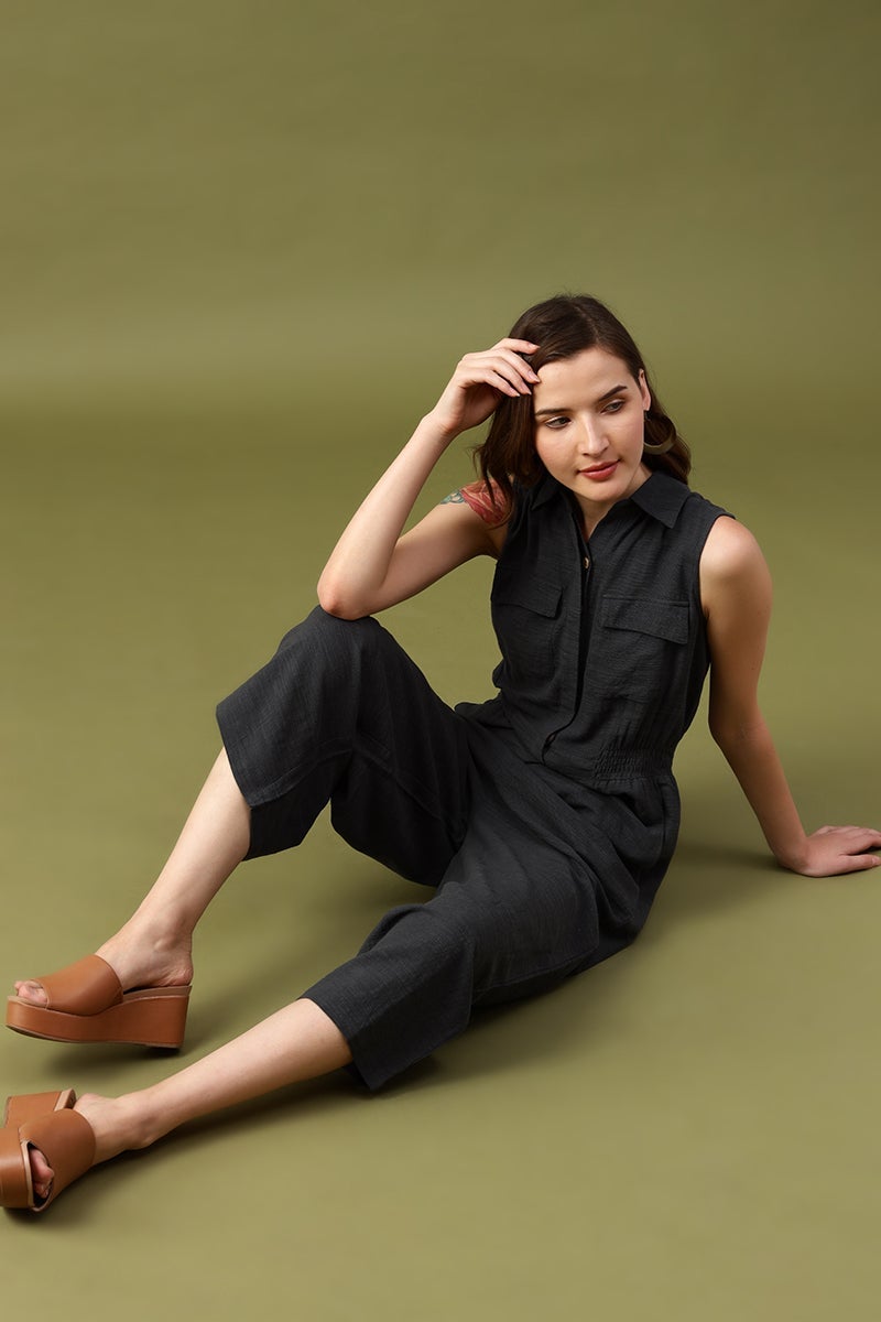 Gipsy Dark Grey Solid Cotton Dress