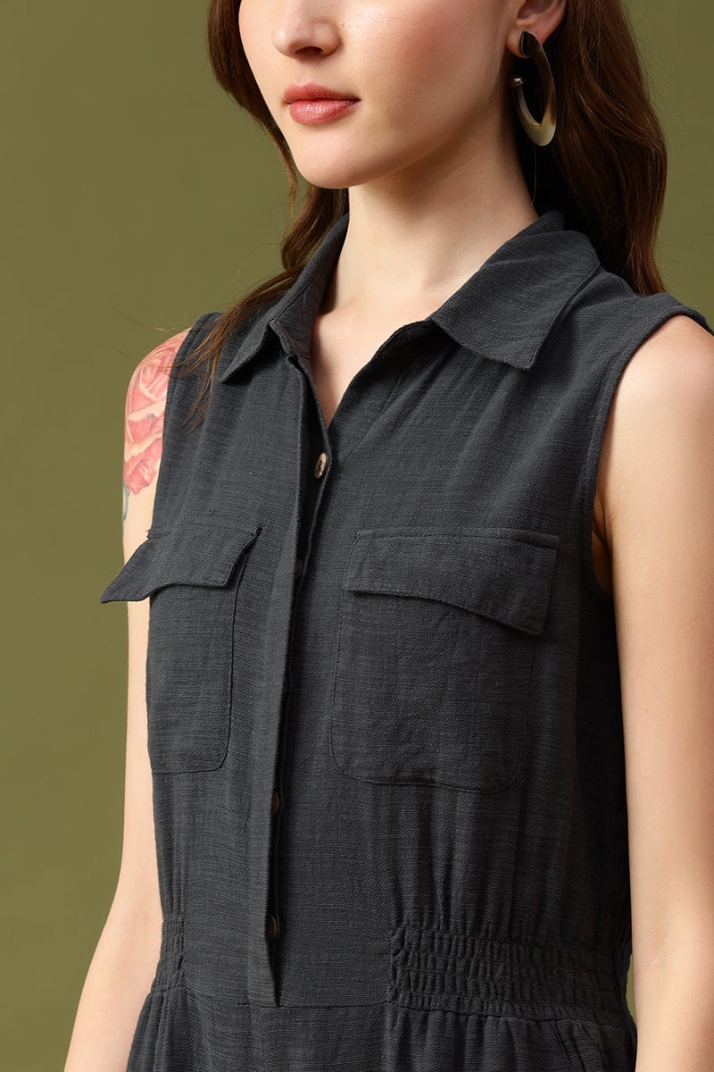 Gipsy Dark Grey Solid Cotton Dress