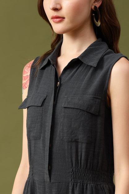 Gipsy Dark Grey Solid Cotton Dress