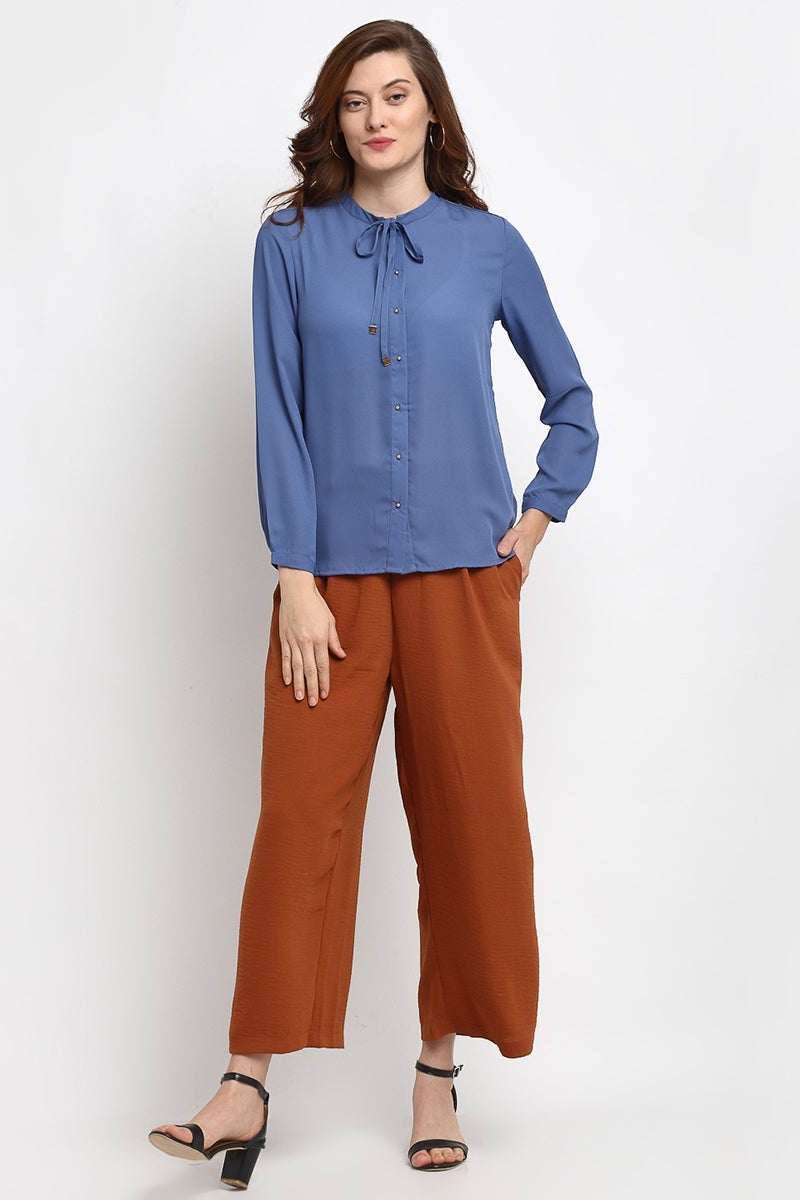 Grey Blue Medium Length Tie-Up Neck Georgette Shirt