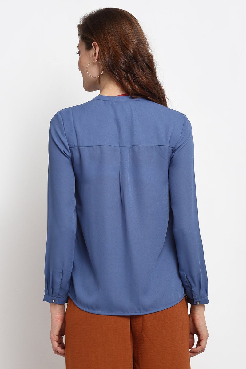 Grey Blue Medium Length Tie-Up Neck Georgette Shirt